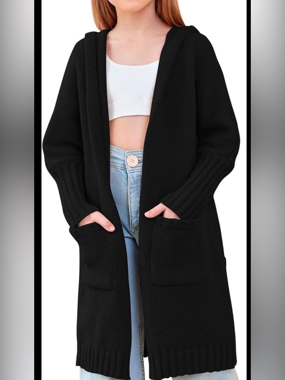 Girls Hooded Long Cardigan Kids Fashion Open Front Knit Sweater 13-14 Years BLK
